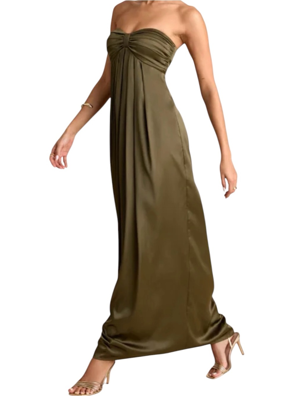 Lulus Memorable Entrance Olive Green Strapless Satin Maxi Dress NWT